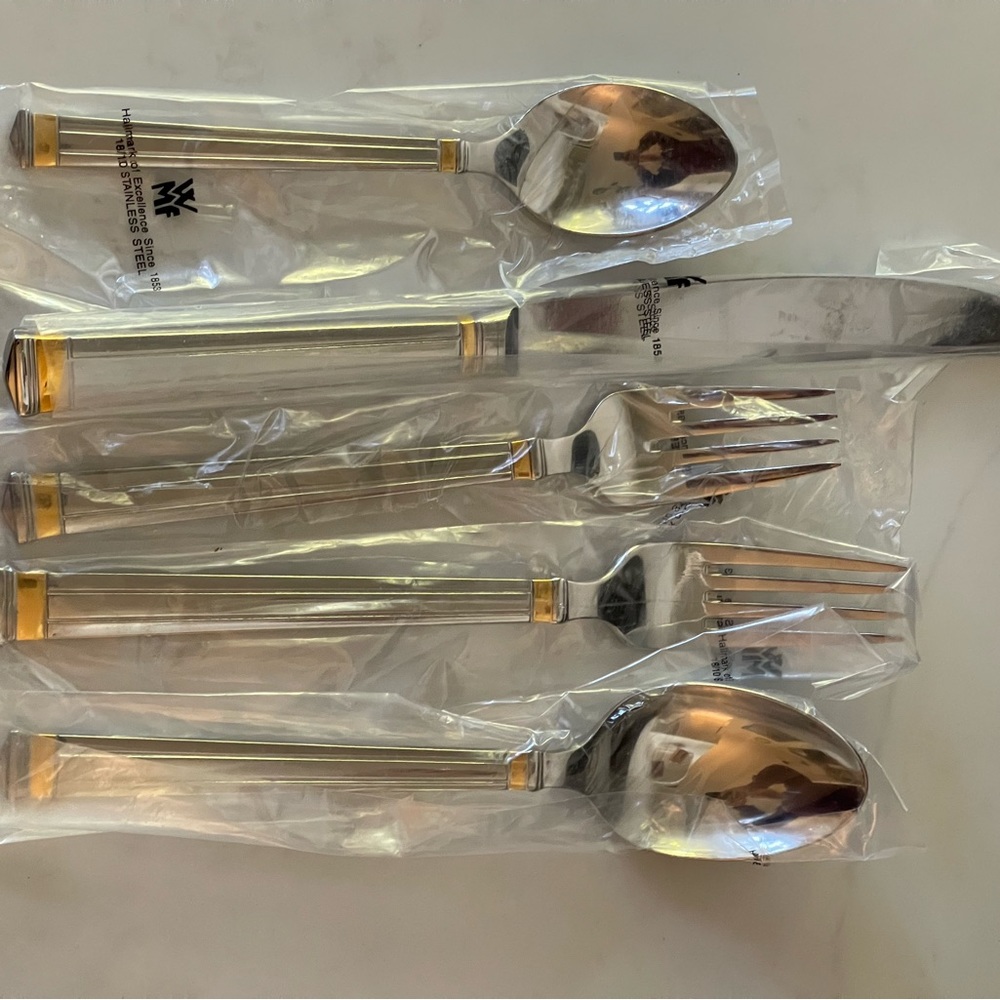 WMF 5-piece flatware SET of 2 - UNIQUE stainless with gold wraps NIB